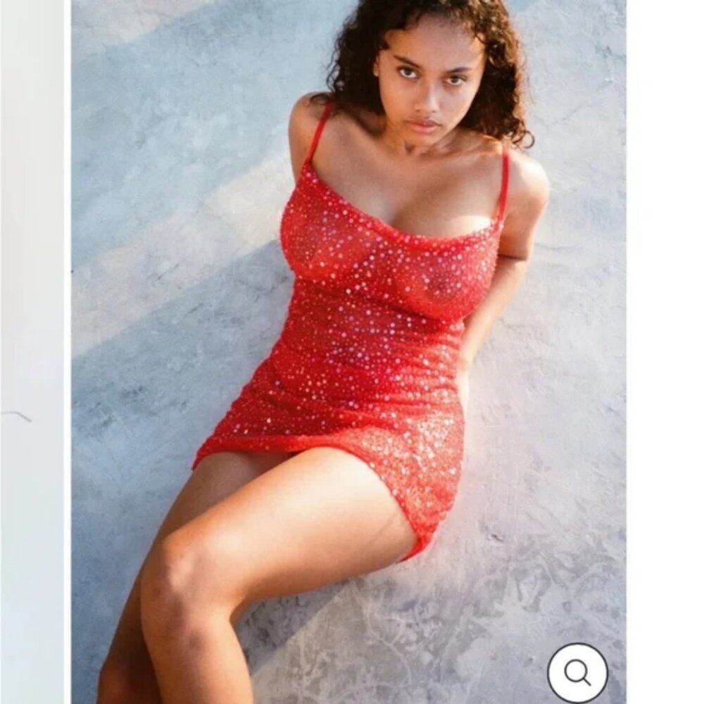 NWOT Dyspnea Miss Slinky Sequin Embellished Slip Sheer Sexy Red Hand Beaded Hot